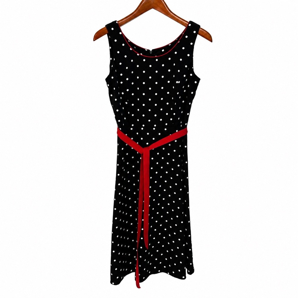 Studio I Petite Black White Polka Dot Sleeveless Dress with Red Sash Size 8P